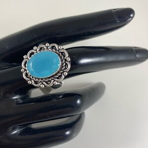 Ornate Aqua quartz cabochon German silver ring size 9 NEW